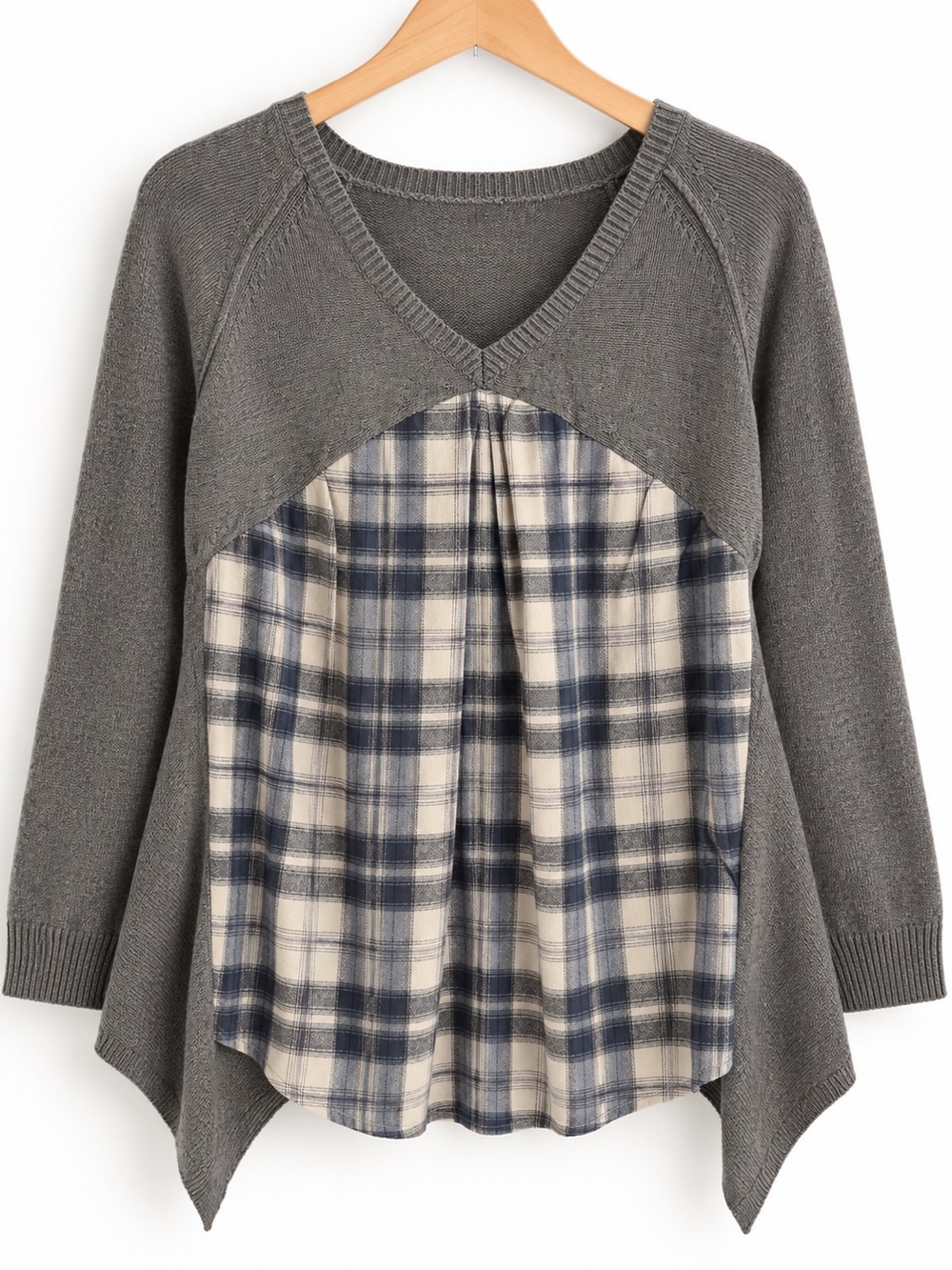 Gray Blue Plaid Mixed Media Sweater Top V Neck Asymmetrical Flannel Boho